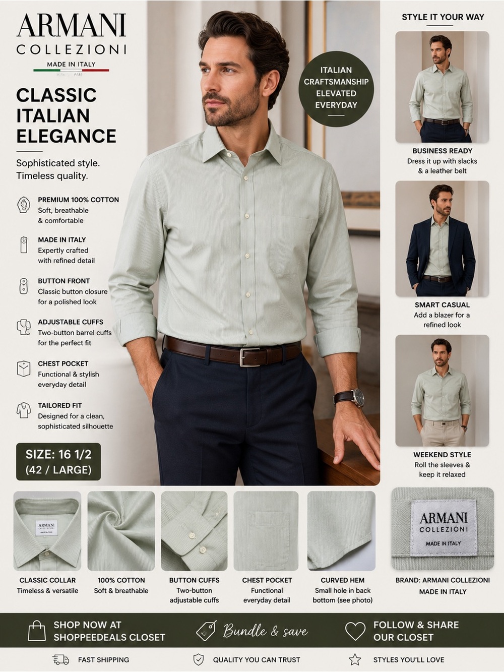 Armani Collezioni Made in Italy 100% Cotton Sage Green Striped Button Shirt